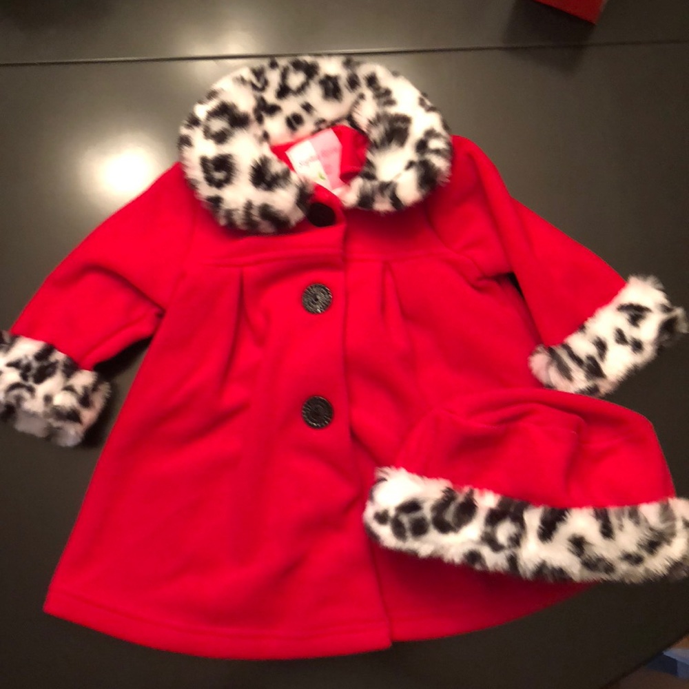 Fleece pea coat/hat with faux leopard trim